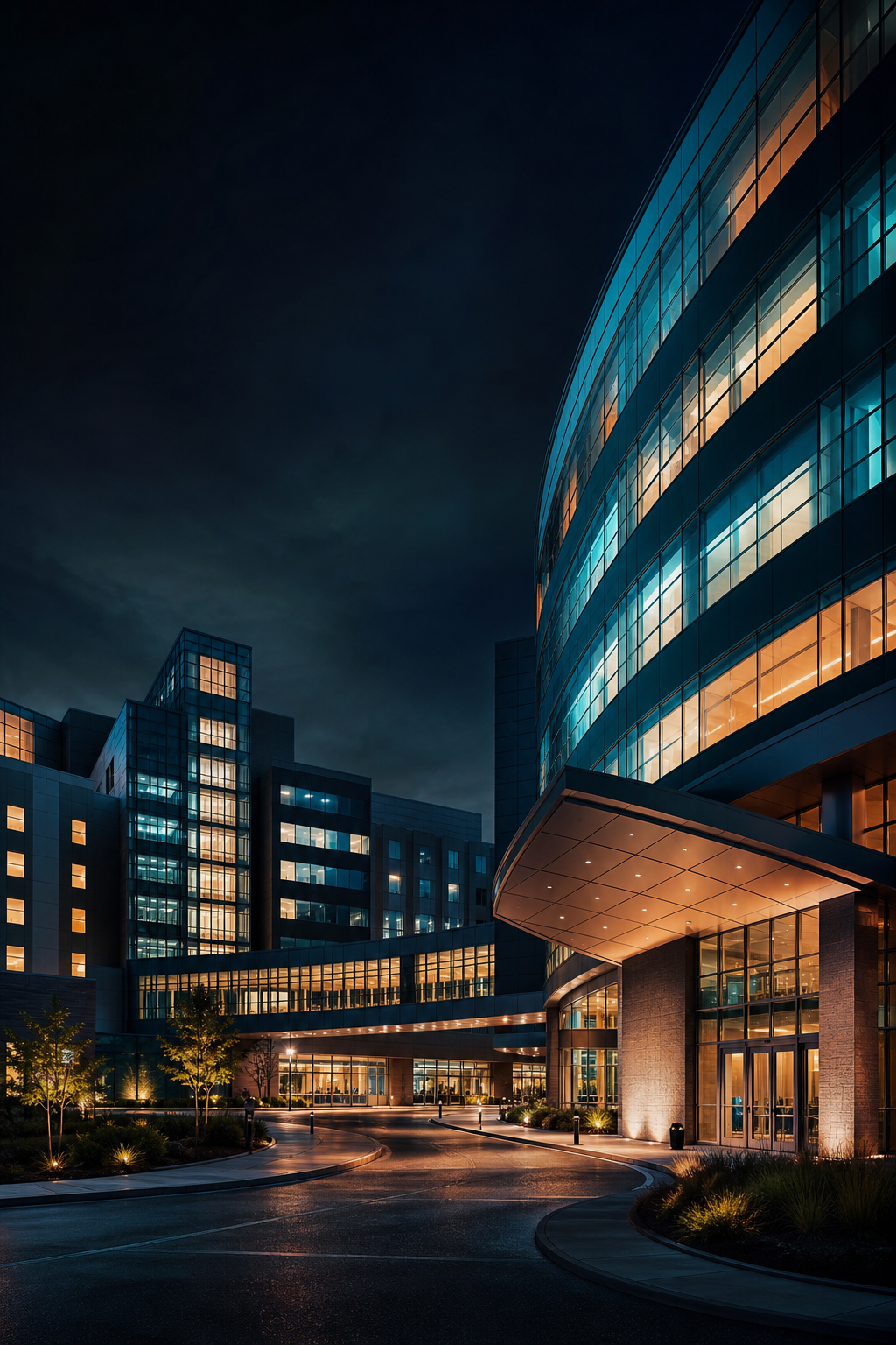 Hospital campus at dusk